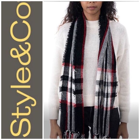 STYLE & CO. - NWT Macy's Soft Chenille Plaid Scarf w/Fringe - 64" x 13" - Picture 1 of 13